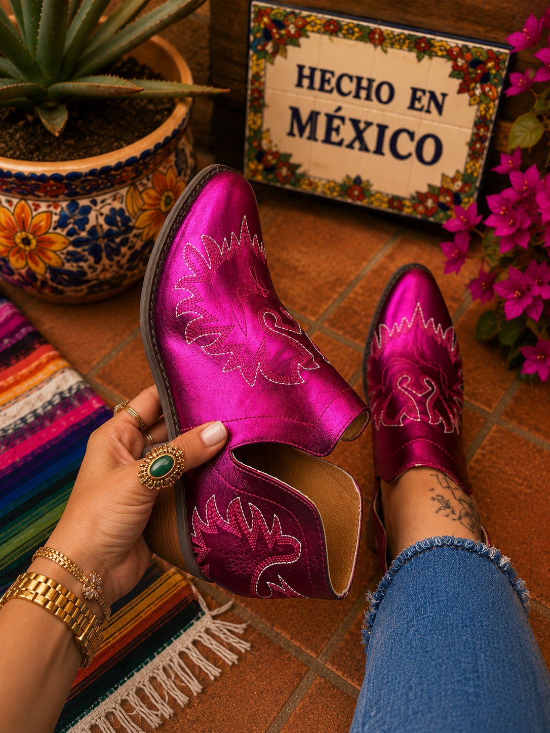 metallic cowboy ankle boots, pink western boots, Mexican handmade boots, artisan ankle boots, magenta cowboy boots, western fashion boots, handcrafted Mexican footwear, statement western boots, boutique western style, pink metallic botines