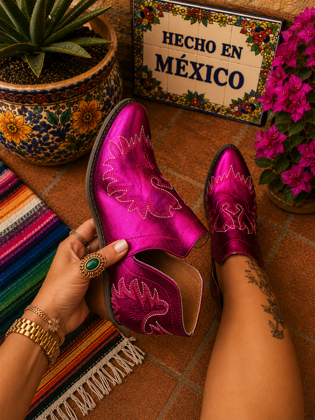 metallic cowboy ankle boots, pink western boots, Mexican handmade boots, artisan ankle boots, magenta cowboy boots, western fashion boots, handcrafted Mexican footwear, statement western boots, boutique western style, pink metallic botines